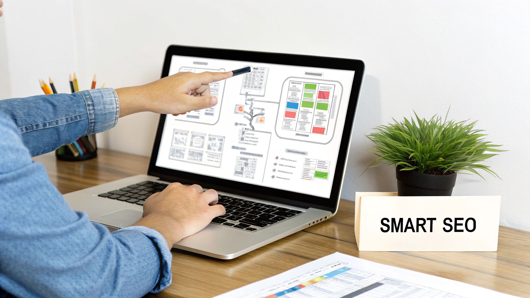 A person writing content on a laptop with a lightbulb graphic nearby.