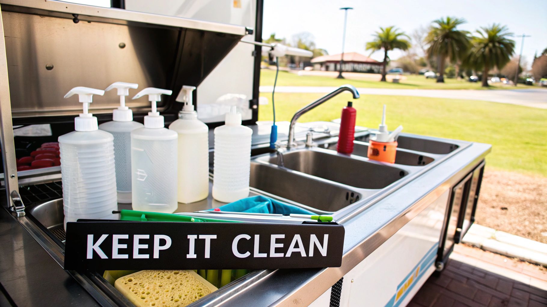 A stainless steel pizza prep table inside a food truck, showing refrigerated ingredient wells and a large cutting board surface.