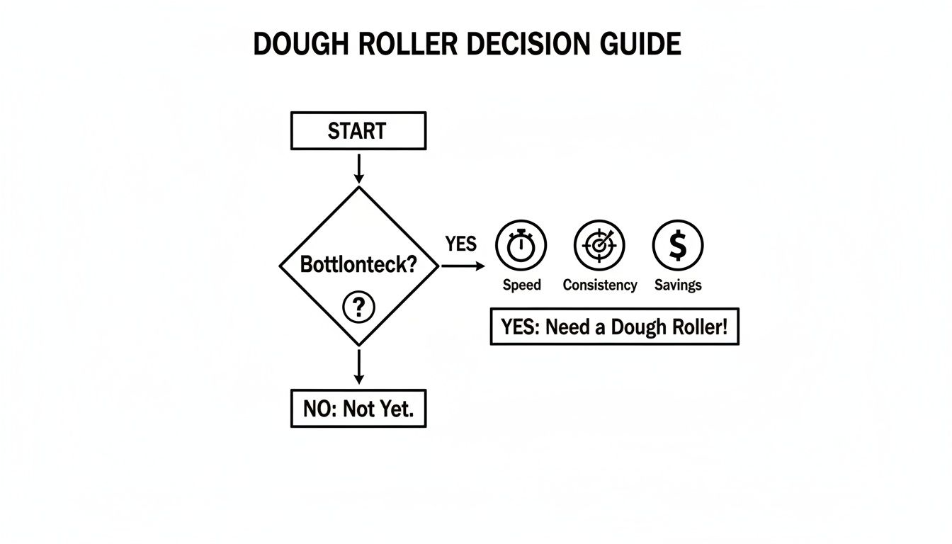 A flowchart titled 'Dough Roller Decision Guide' for deciding whether to acquire a dough roller.