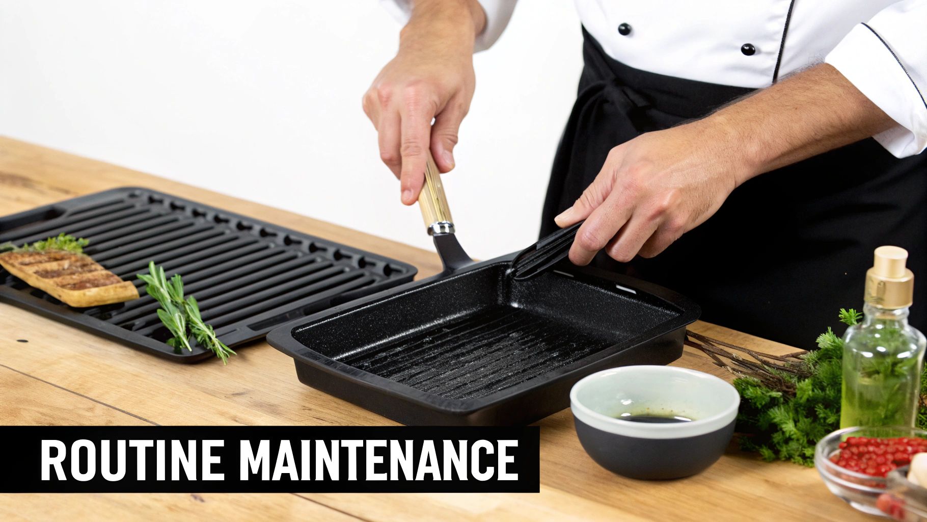 A chef uses a brush to season a grill pan, with a second pan and ingredients on a wooden table.