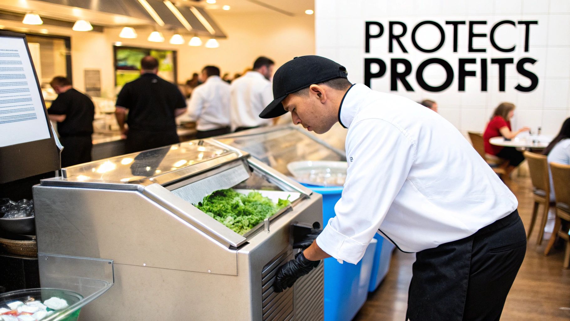 A chef in a black cap and gloves tends to a commercial cooler with fresh lettuce.