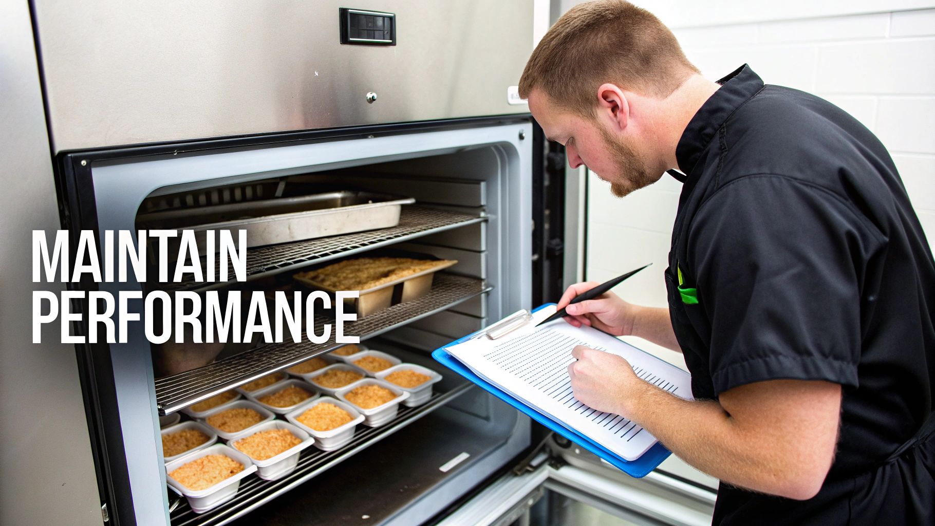 A chef in uniform checking food in a multi-shelf commercial oven with a clipboard.
