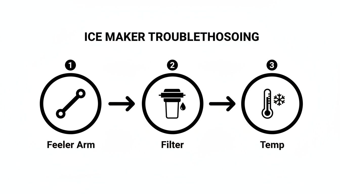 A three-step guide for ice maker troubleshooting, showing icons for feeler arm, filter, and temperature.