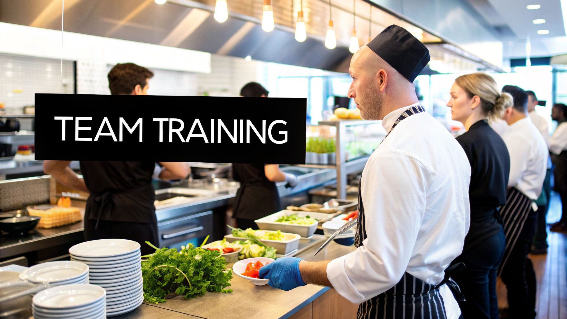 Man in apron checking produce with a supplier in a kitchen