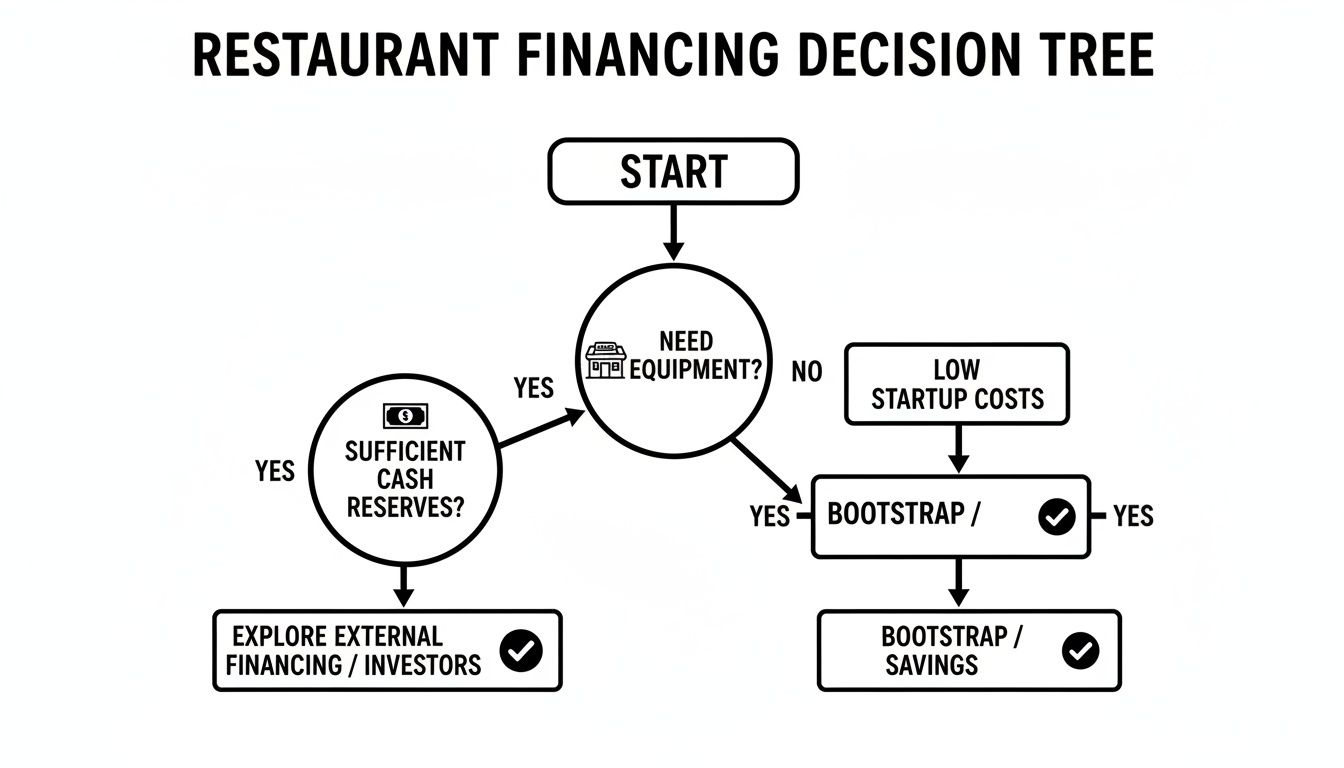 A restaurant financing decision tree flowchart illustrating options based on equipment needs and cash.