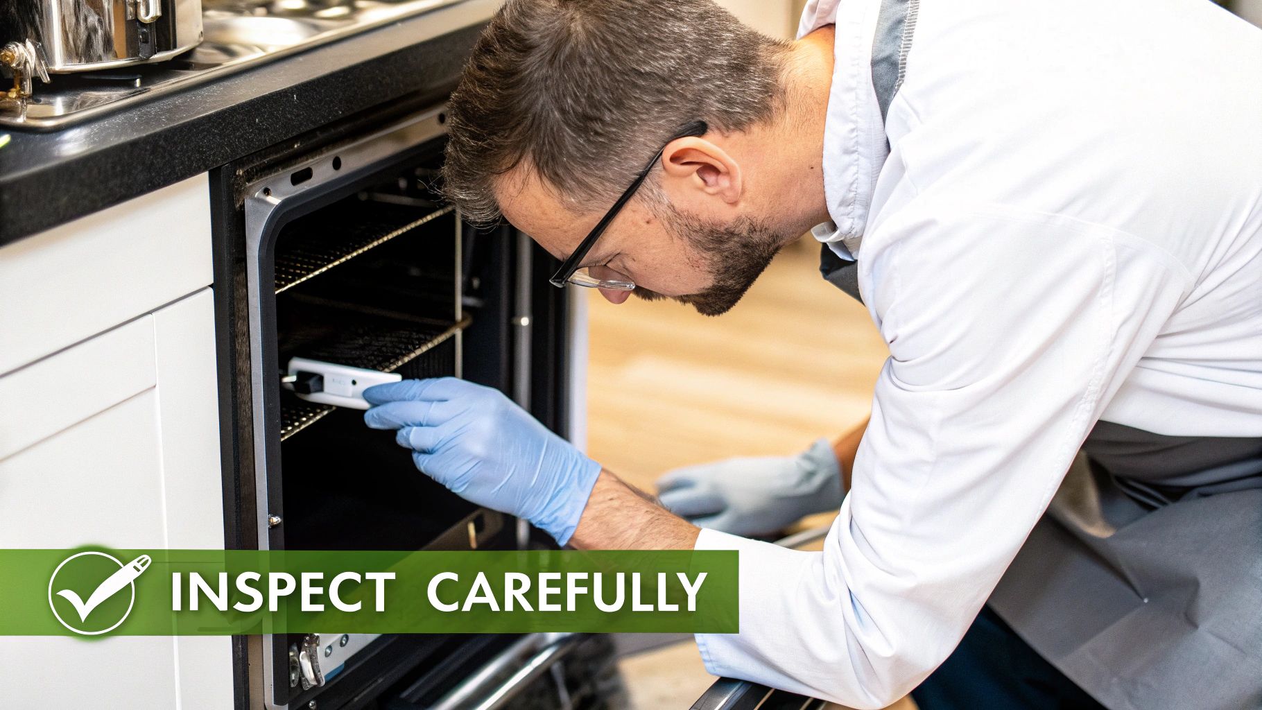 A person inspecting the interior of a commercial dishwasher