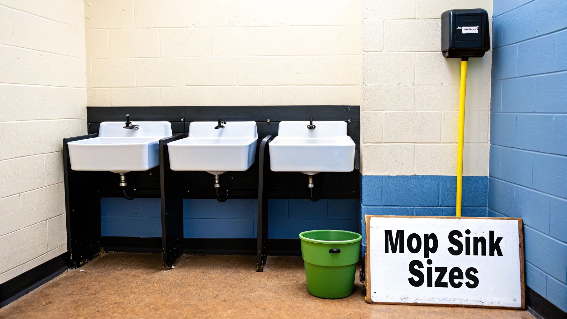 Three white utility mop sinks are installed along a cream and blue block wall, with a green bucket and a sign reading 'Mop Sink Sizes' on the floor.