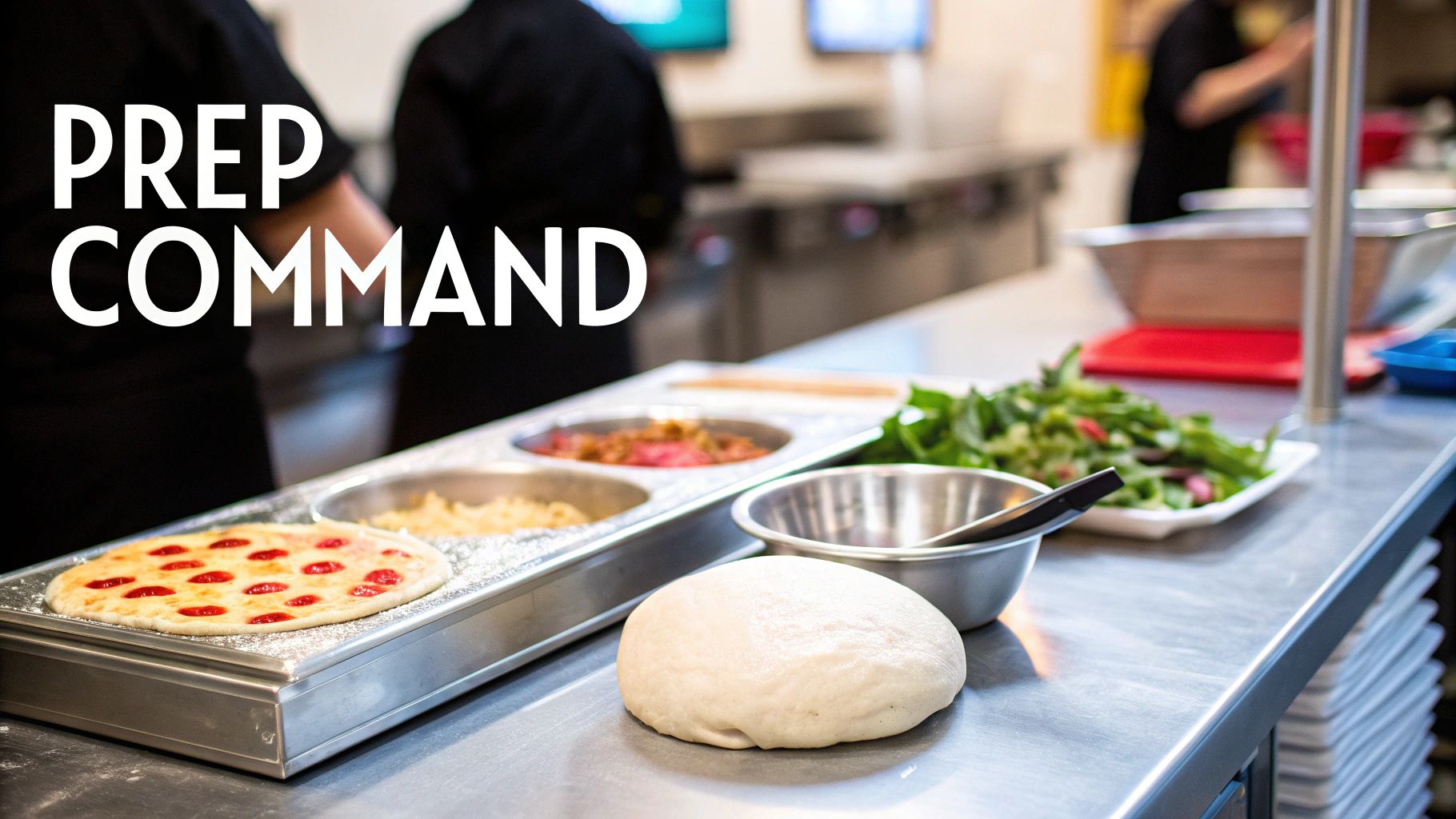 A commercial kitchen prep table with pizza dough, sauce, cheese, and fresh salad greens, displaying 'PREP COMMAND'.
