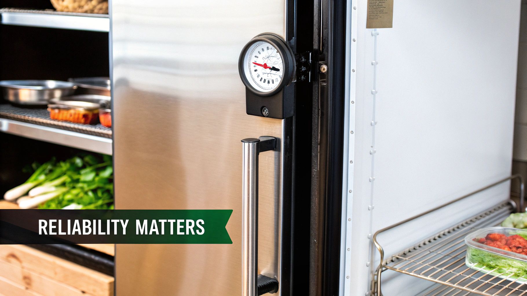 A stainless steel commercial refrigerator with a prominent temperature gauge, holding fresh produce and food containers.