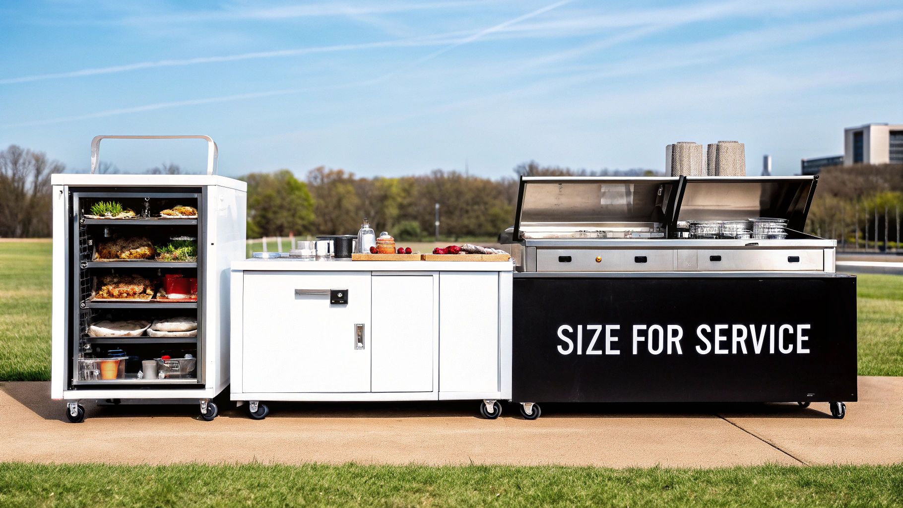 Modular outdoor kitchen equipment on wheels: a food warmer, counter, and grill set for service.