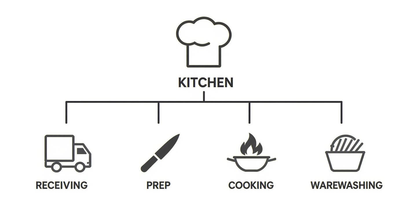 An organizational chart depicting key restaurant kitchen functions: receiving, prep, cooking, and warewashing.