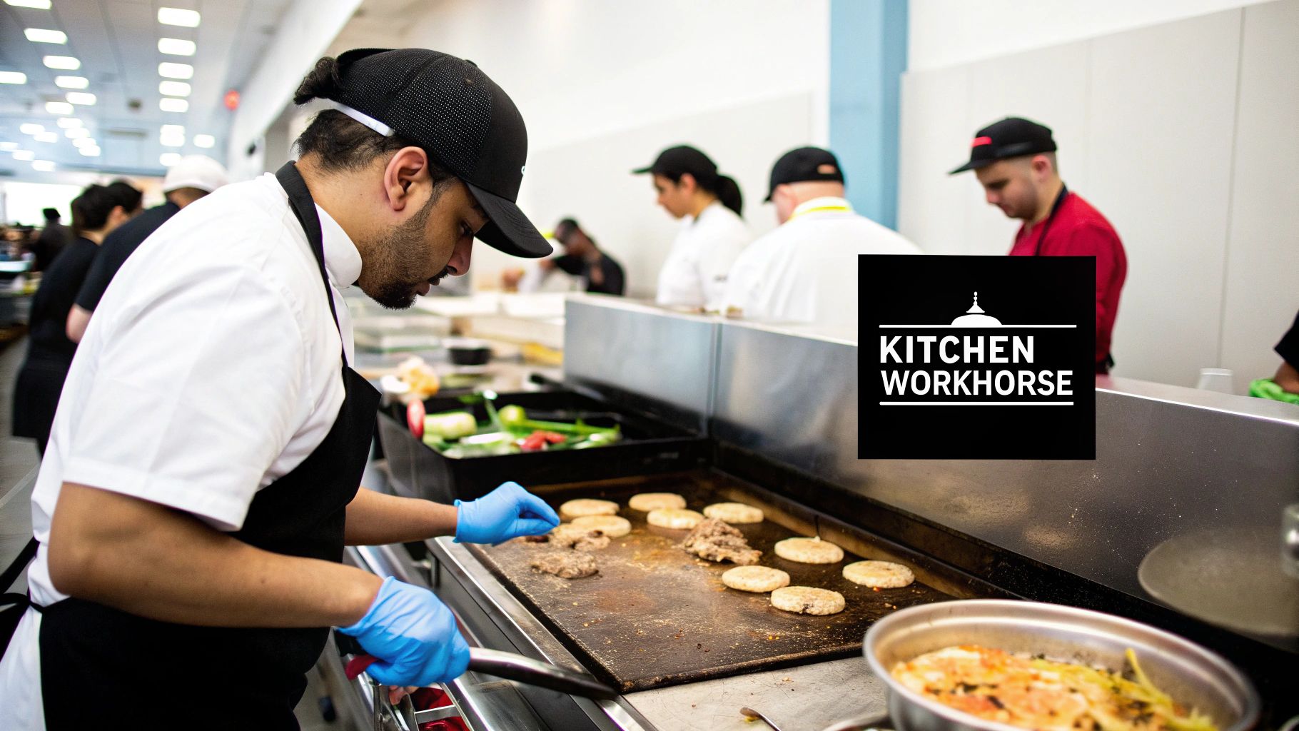 A chef in a black apron and blue gloves cooks patties on a flat top grill in a busy kitchen.