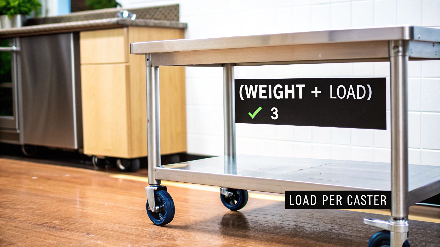 A stainless steel utility cart with blue caster wheels, illustrating load capacity per caster calculation.