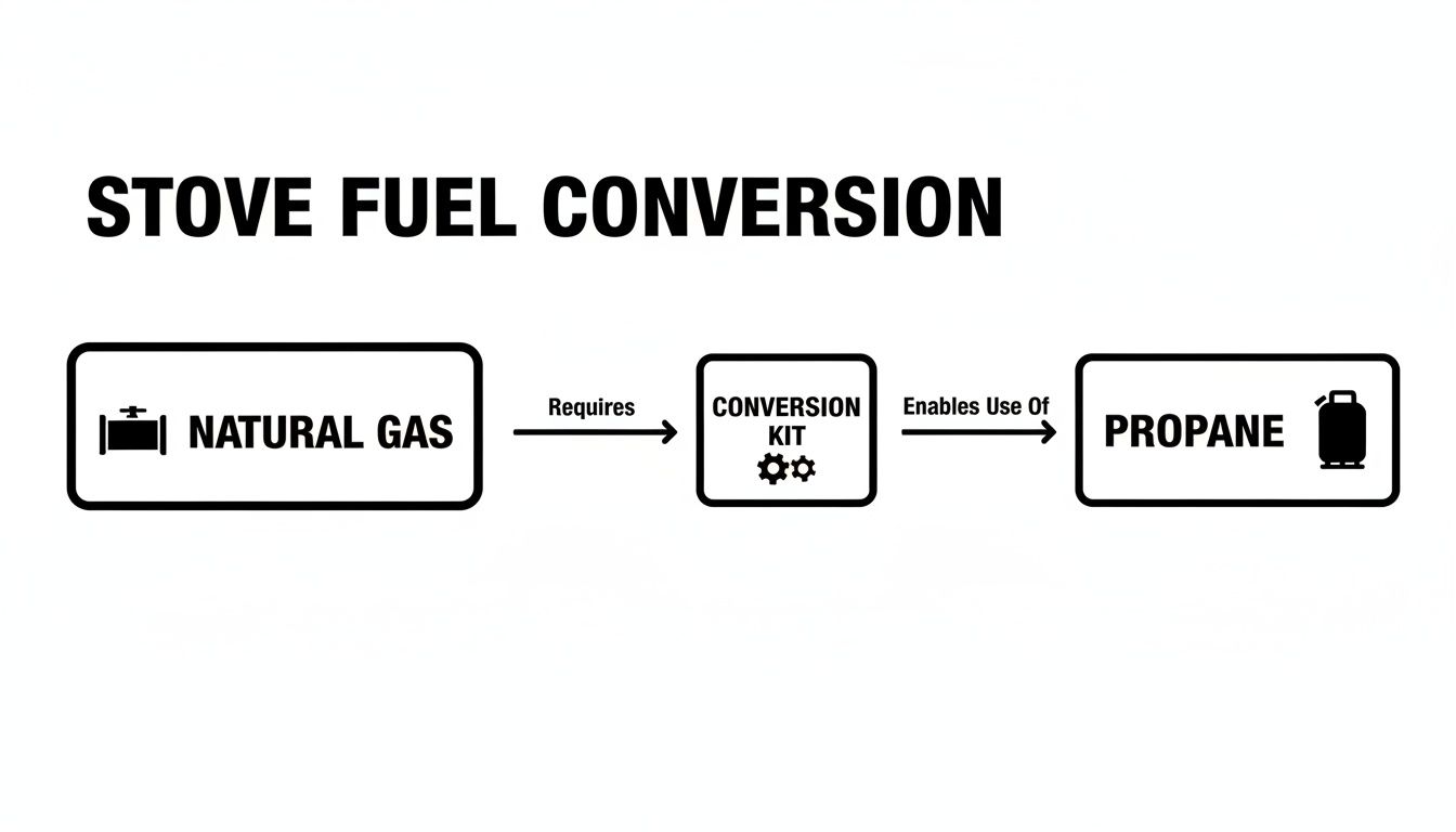 A diagram illustrating the process of converting a stove from natural gas to propane using a conversion kit.