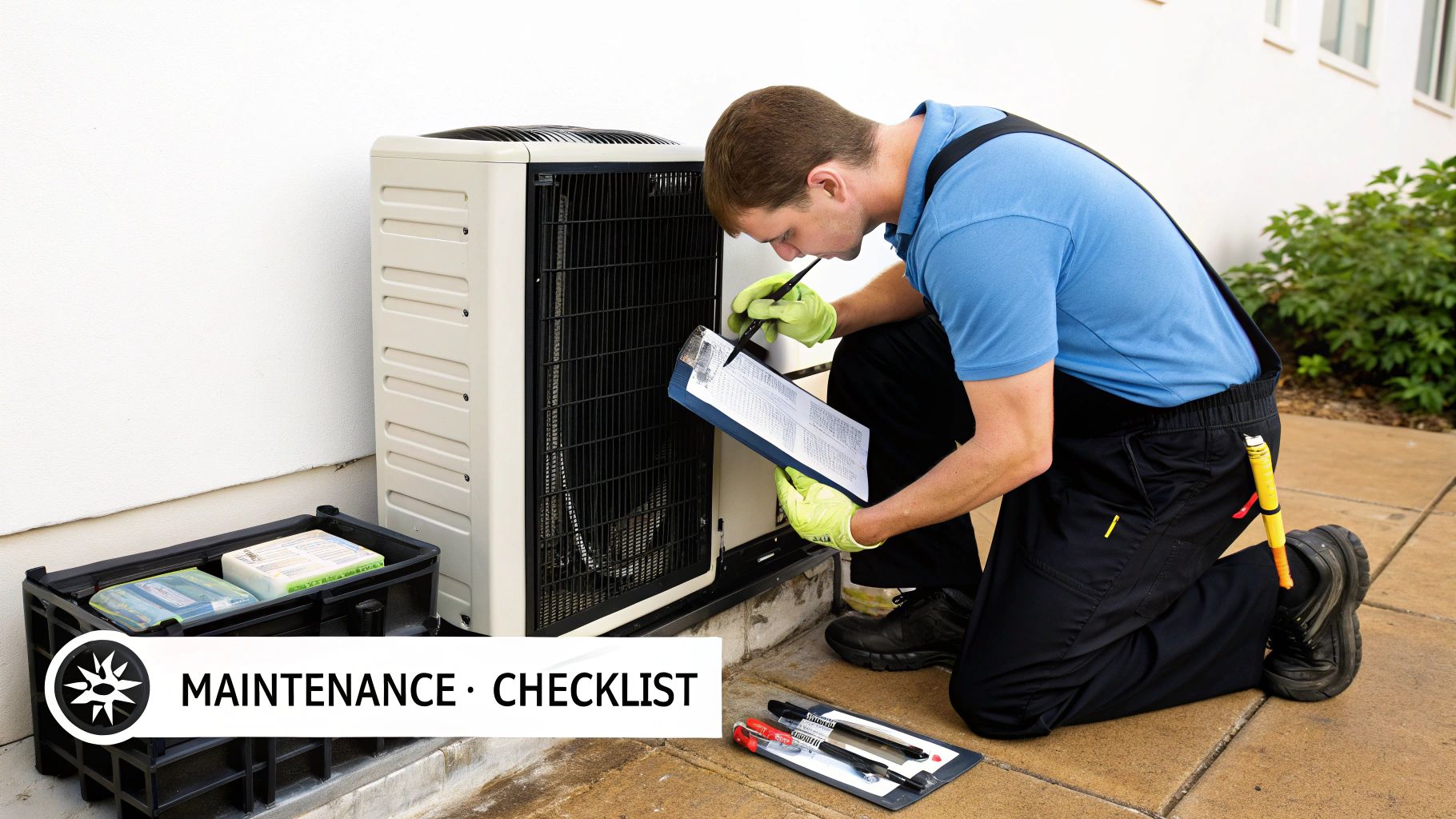 A technician kneels outdoors, inspecting an HVAC unit and checking items on a maintenance checklist.