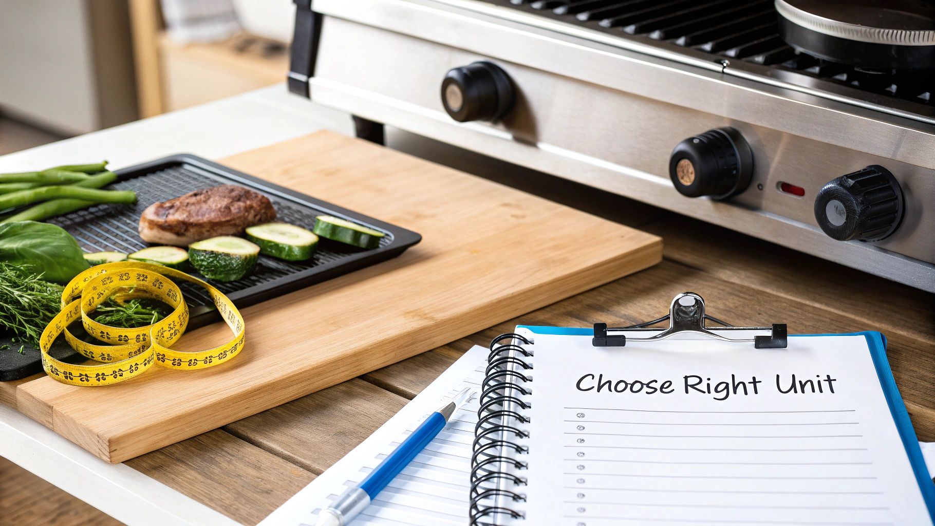 Kitchen counter with healthy meal prep, measuring tape, vegetables, and notebook titled Choose Right Unit
