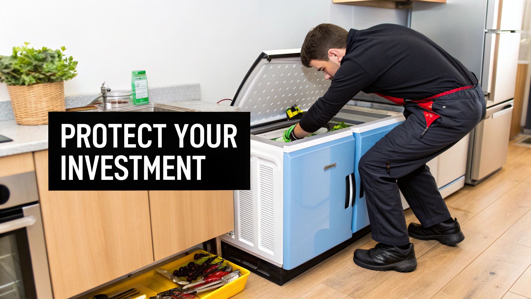 A man in black work clothes and green gloves inspects a blue refrigerated prep table in a kitchen.