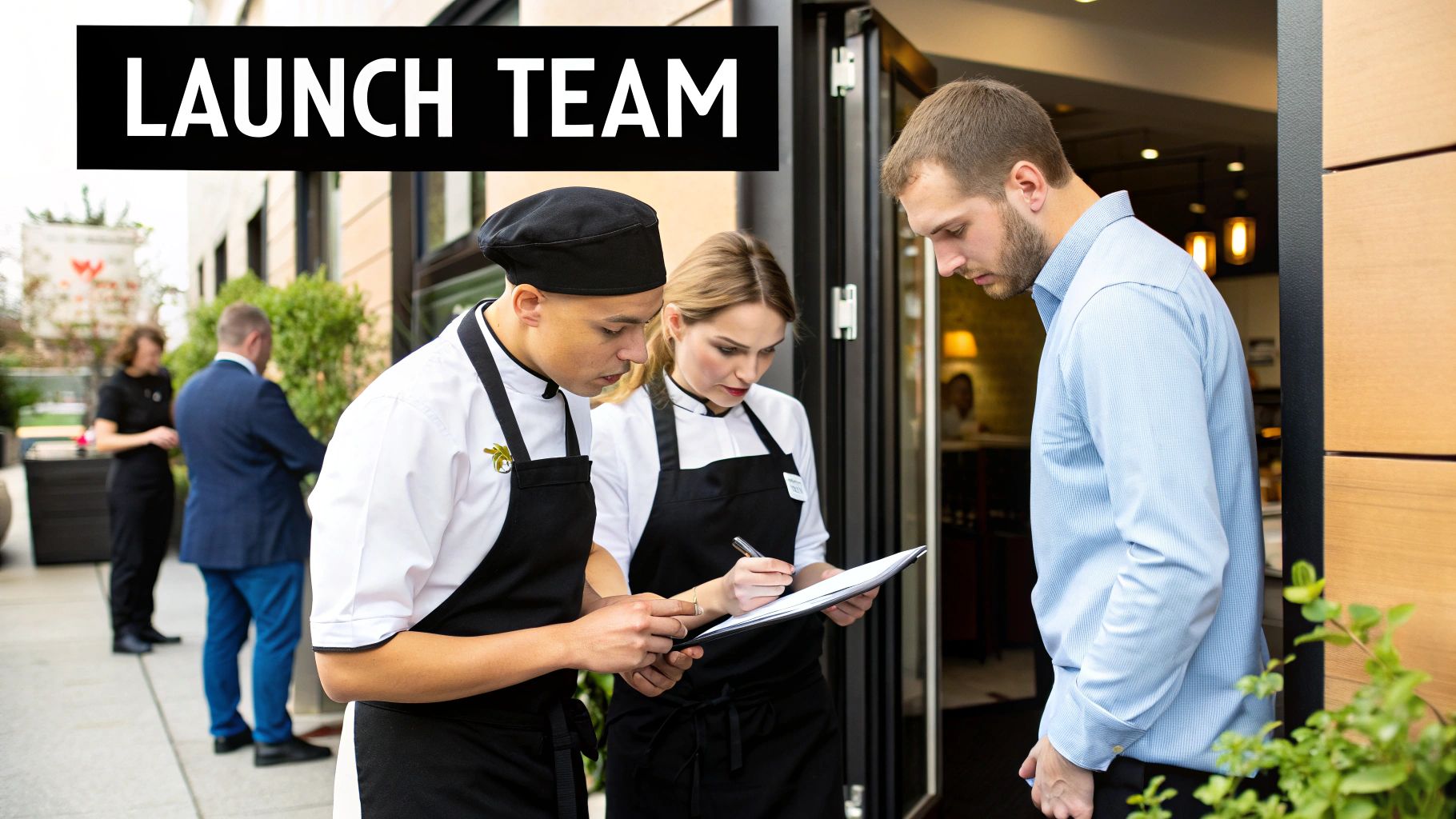 Restaurant launch team, including a chef and waitress, reviewing notes with a male customer outside.