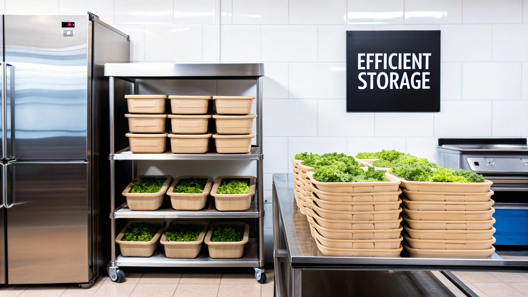 Commercial kitchen with stainless steel appliances, shelving, and beige containers of fresh green produce.