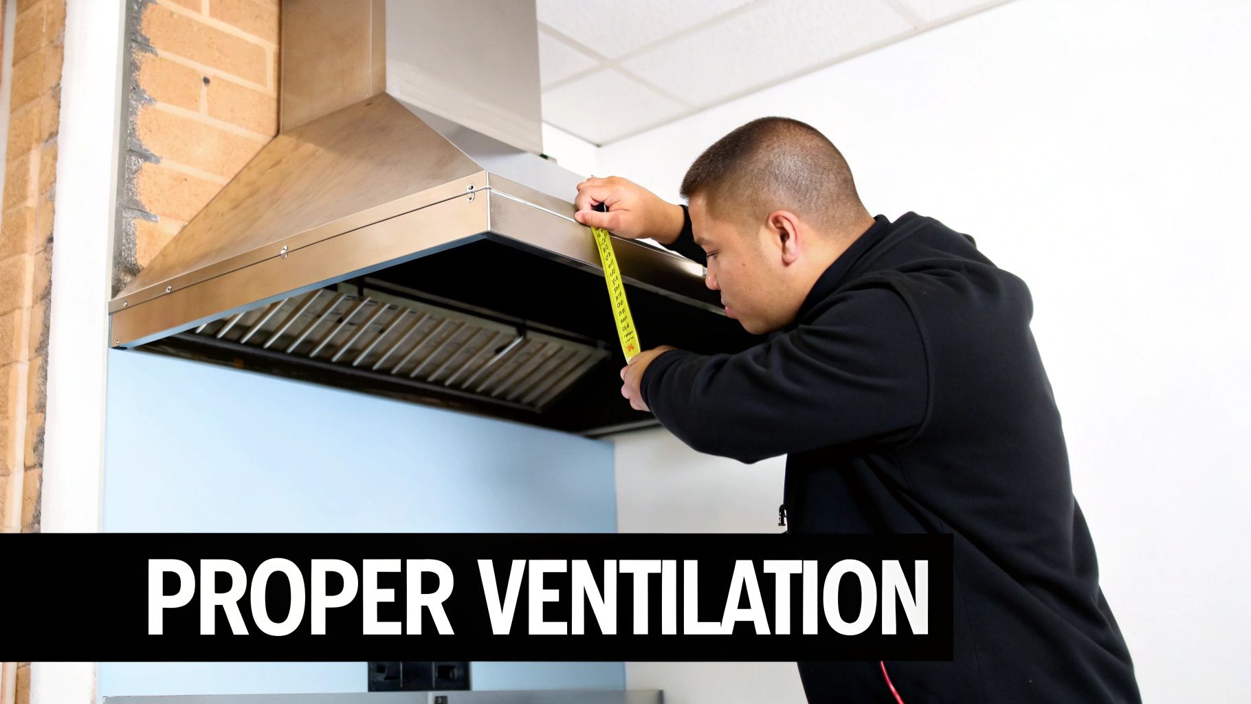 A man measures a commercial kitchen range hood with a yellow tape for proper ventilation.