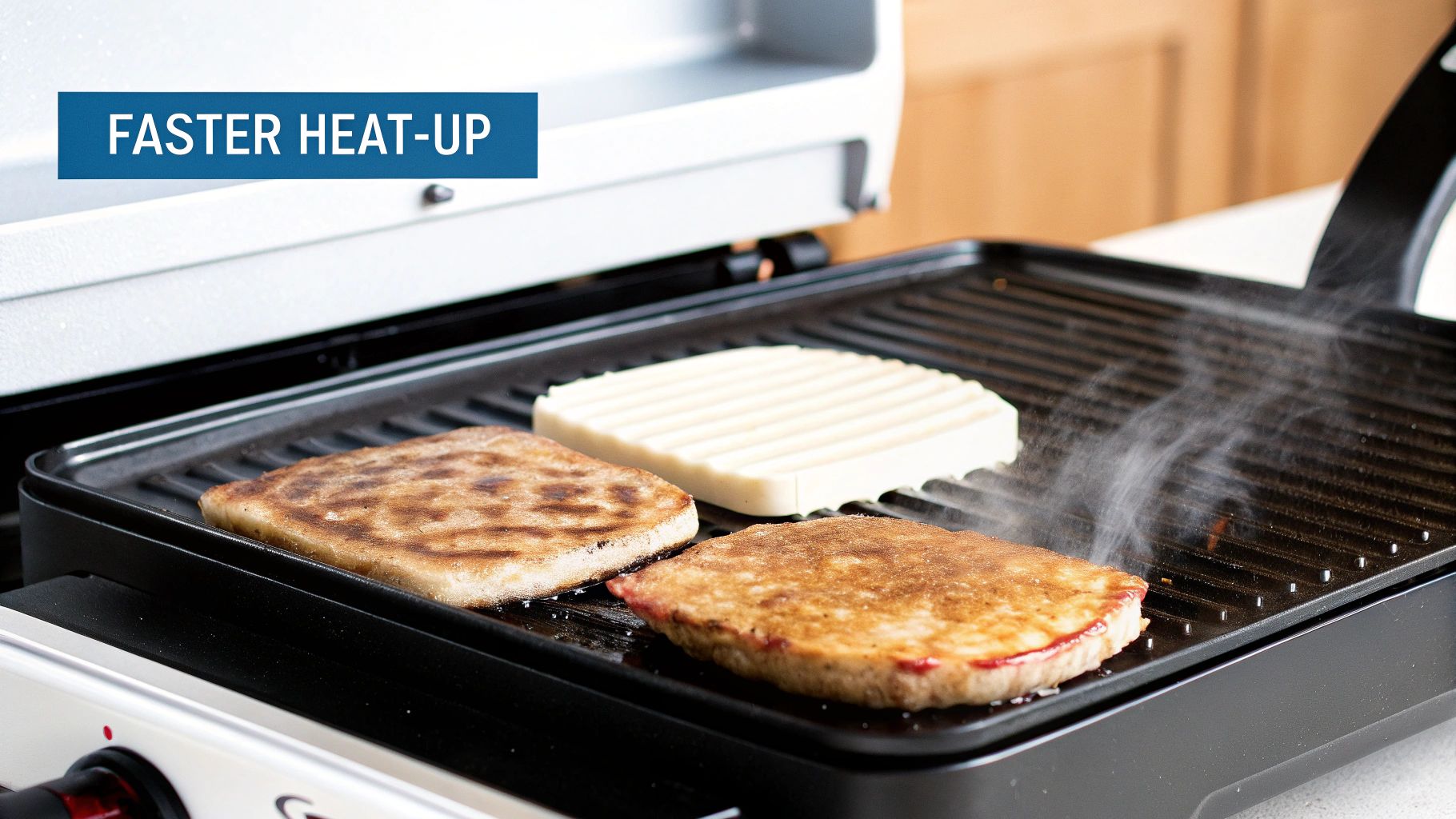 Grilled sandwiches and cheese cooking on an electric grill with steam rising, highlighting 'Faster Heat-Up'.