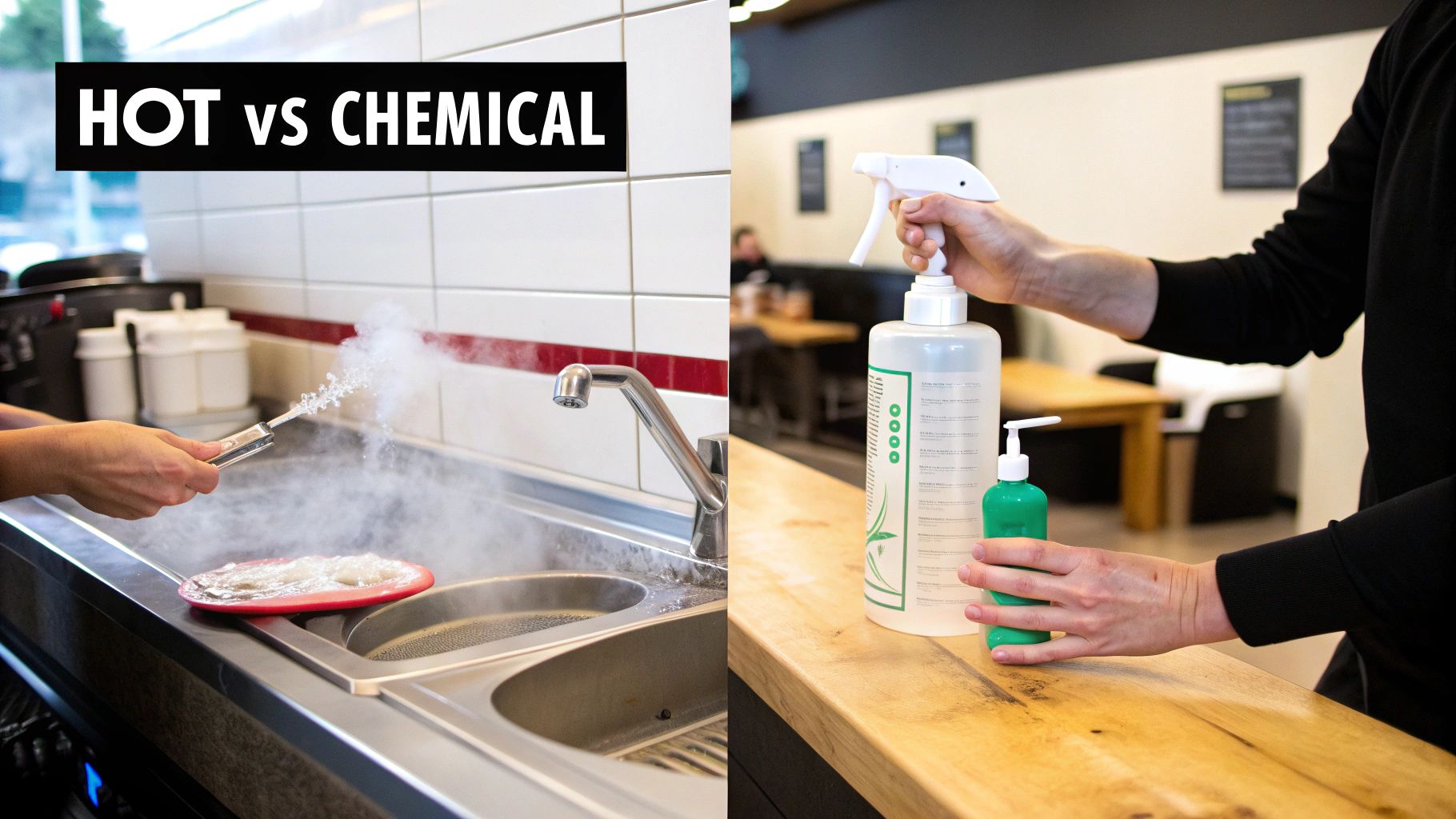 Hands demonstrating hot steam cleaning in a kitchen sink versus chemical spray for sanitization.
