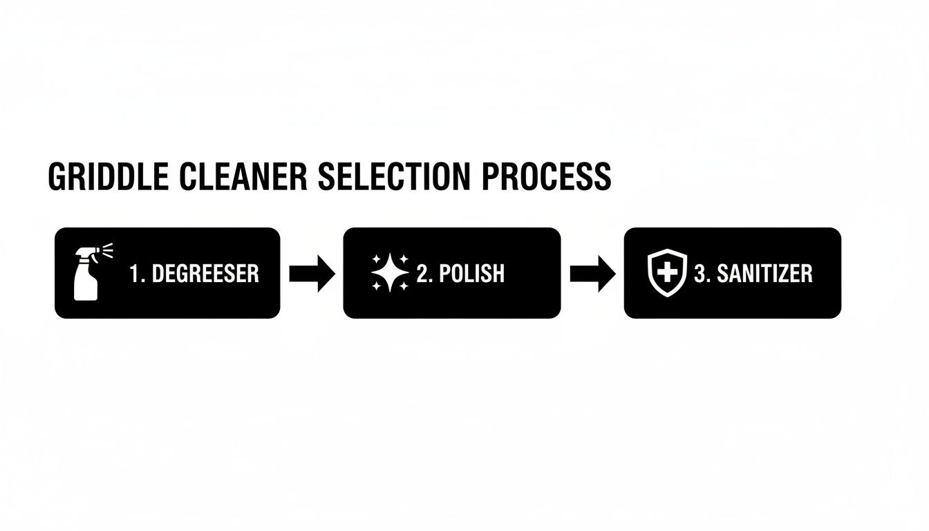 Griddle cleaner selection process flow showing steps: degreaser, polish, and sanitizer.