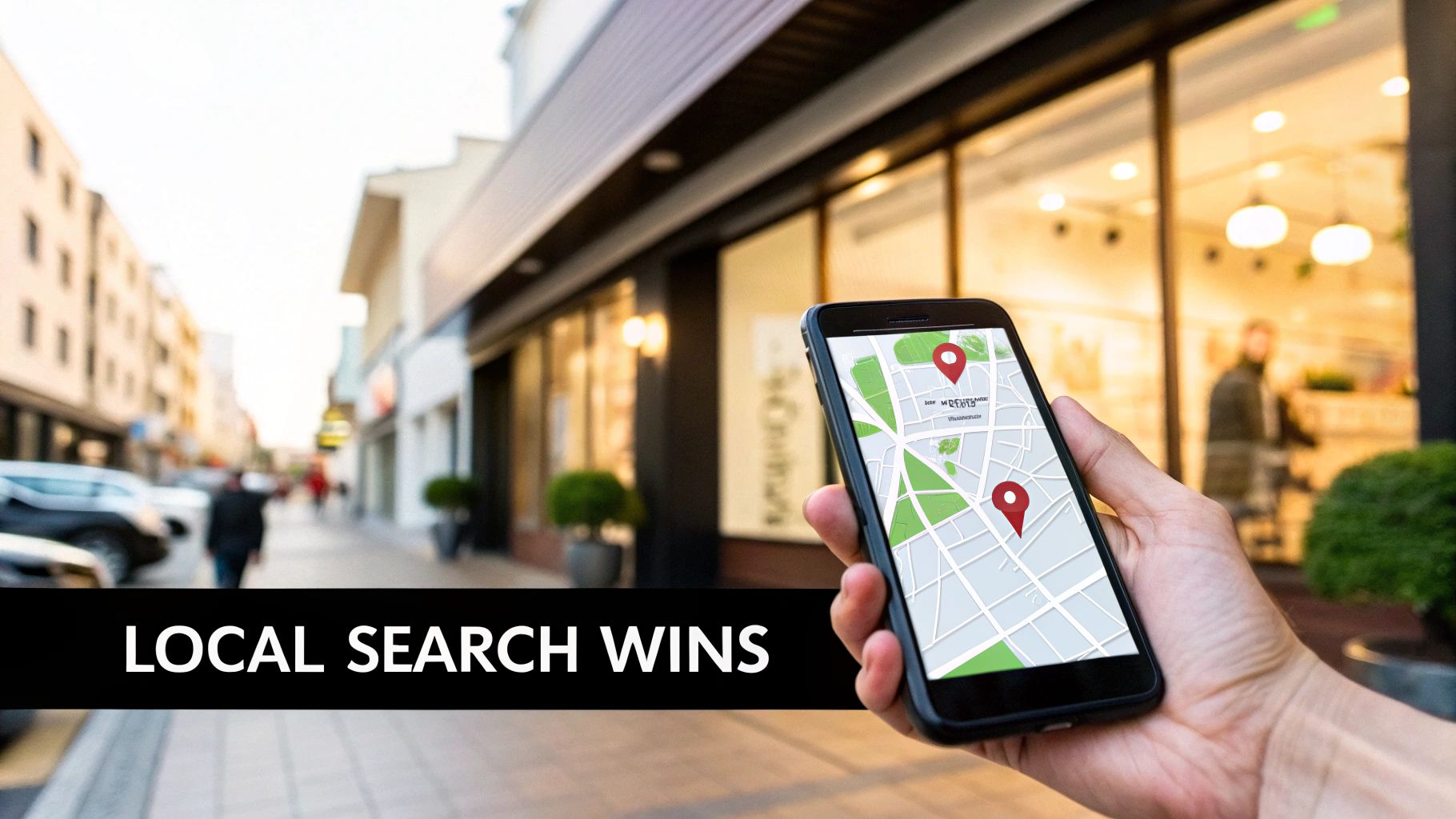 Hand holding a smartphone displaying a map with location pins on a city street, emphasizing local search wins.