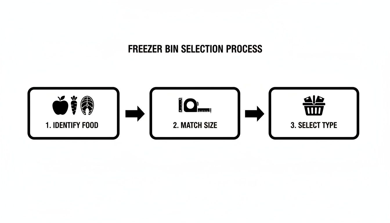 A flowchart showing the freezer bin selection process: Identify Food, Match Size, Select Type.