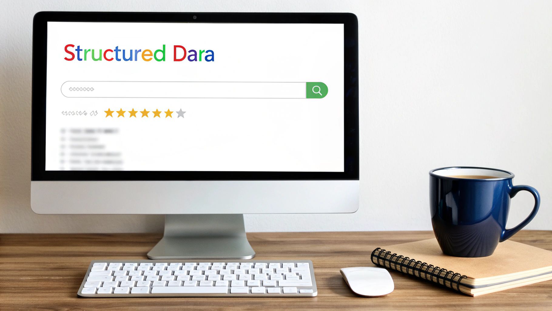 Modern workspace with a computer displaying 'Structured Data' search and ratings, alongside a mug and notebook.