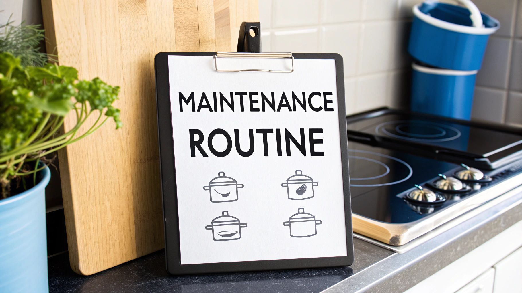 Maintenance routine clipboard with cooking pot icons on kitchen counter near gas stove