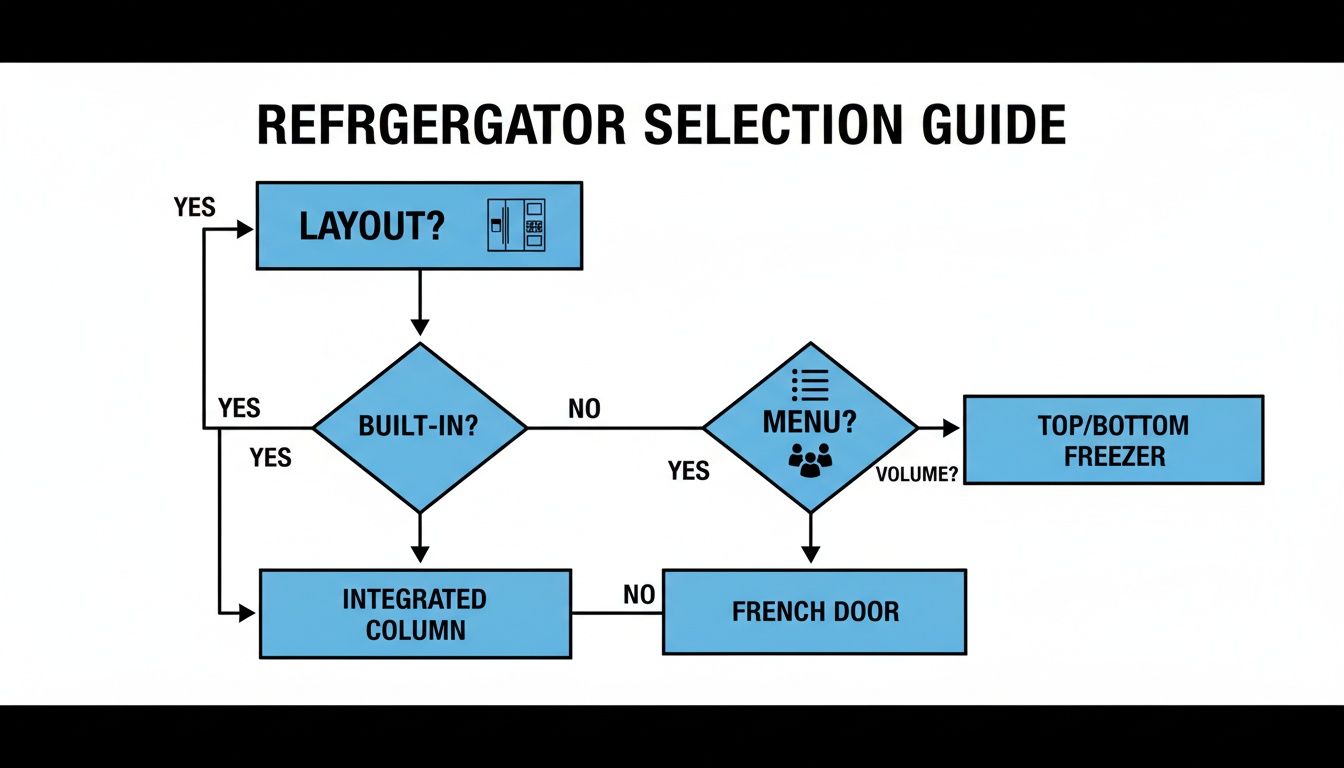 Flowchart illustrating a refrigerator selection guide based on layout, built-in options, and menu choices.