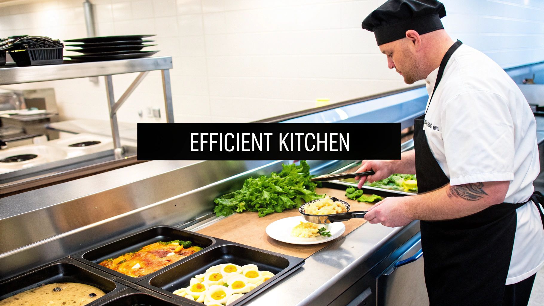 Professional chef plating breakfast food in efficient commercial kitchen with organized prep station