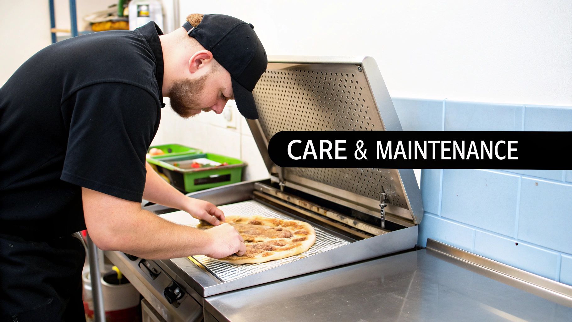 A person cleaning the stainless steel surface of a pizza prep table.