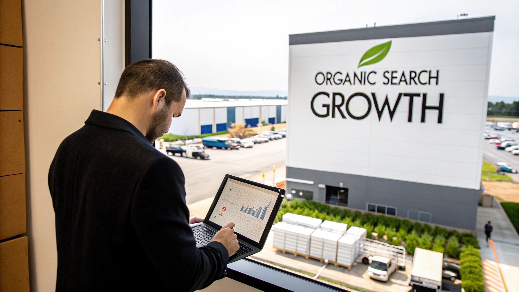 Man analyzing business data on a laptop, overlooking an 'Organic Search Growth' building.