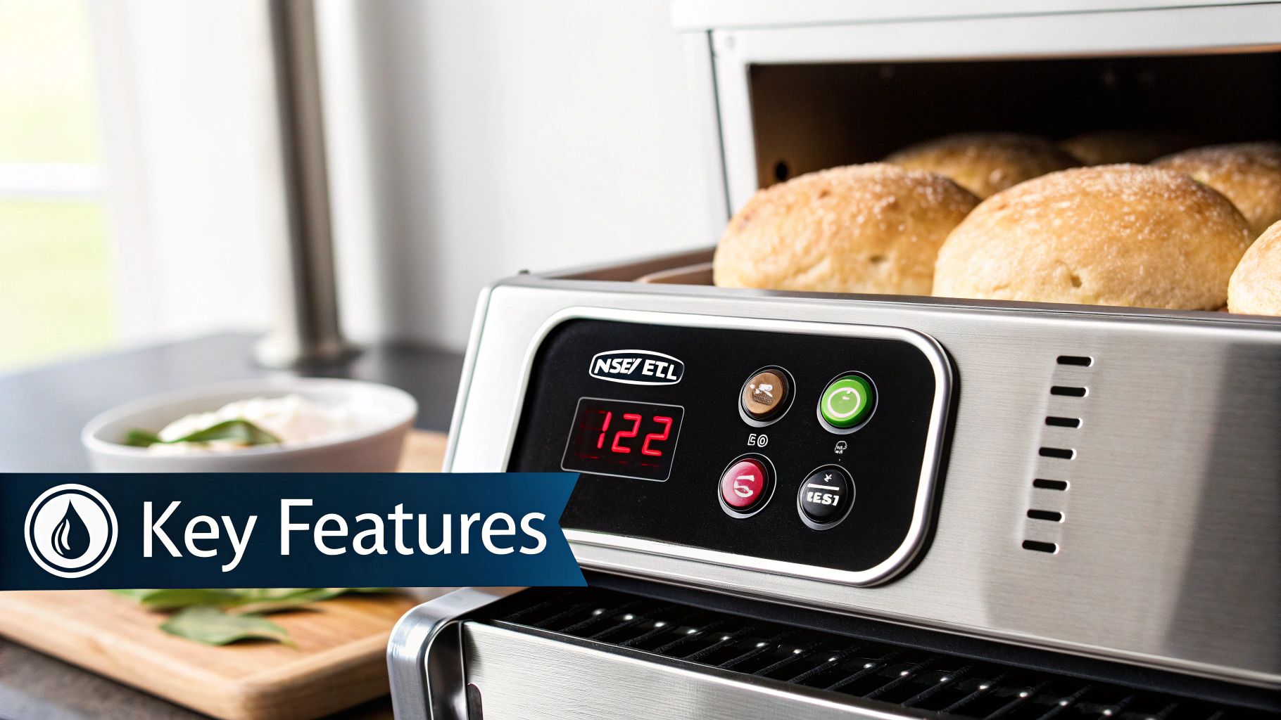 Close-up of a commercial bun warmer with a digital display, holding several perfectly warm buns.