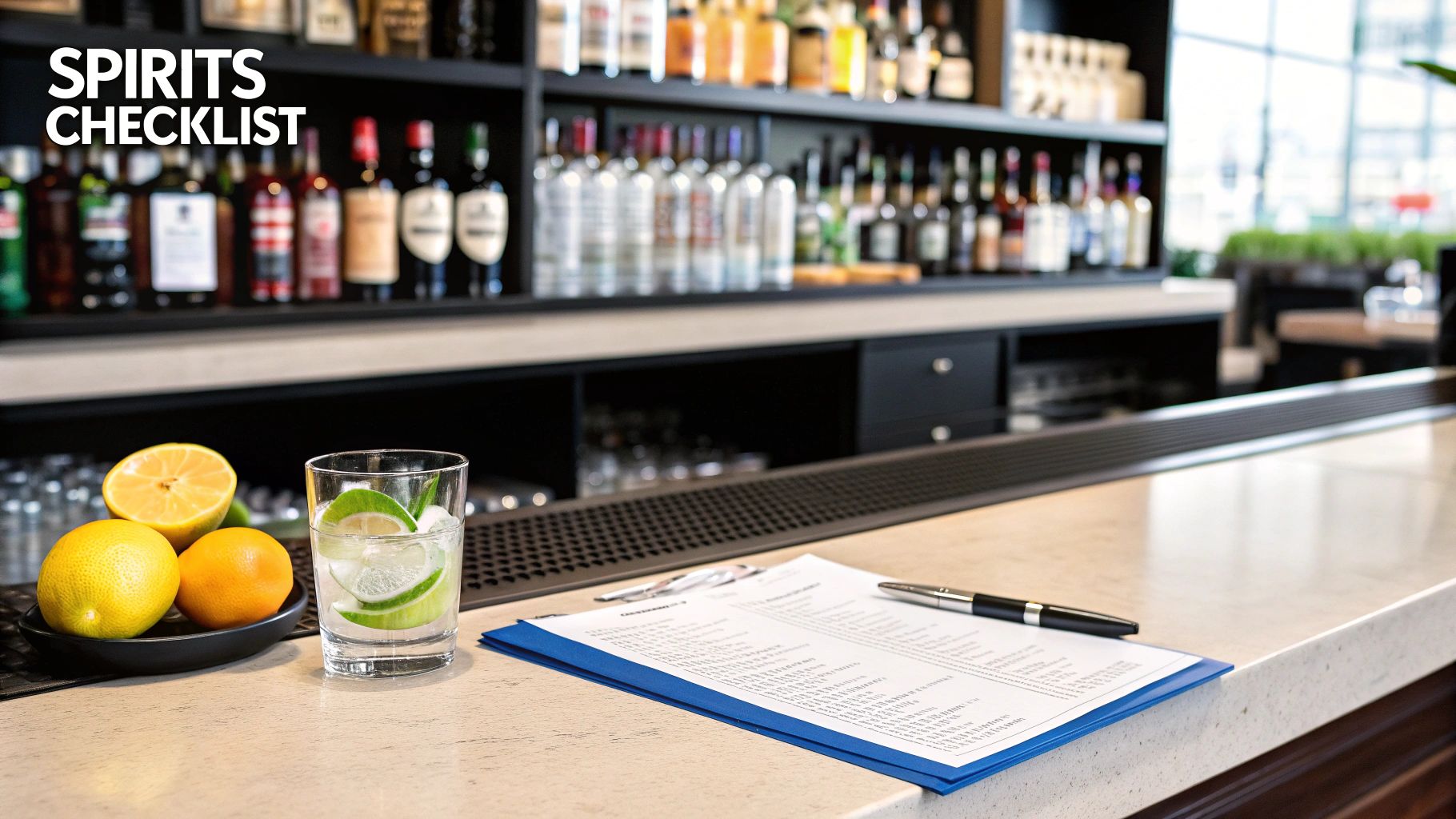 A bar counter with bottles of spirits on shelves, fresh citrus, and a spirits checklist on a clipboard.