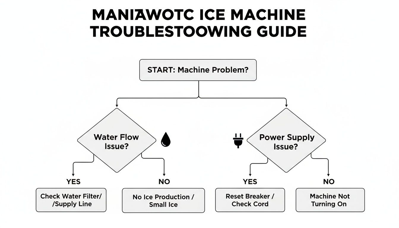 Flowchart for Manitowoc ice machine troubleshooting, detailing steps for water flow and power supply issues.