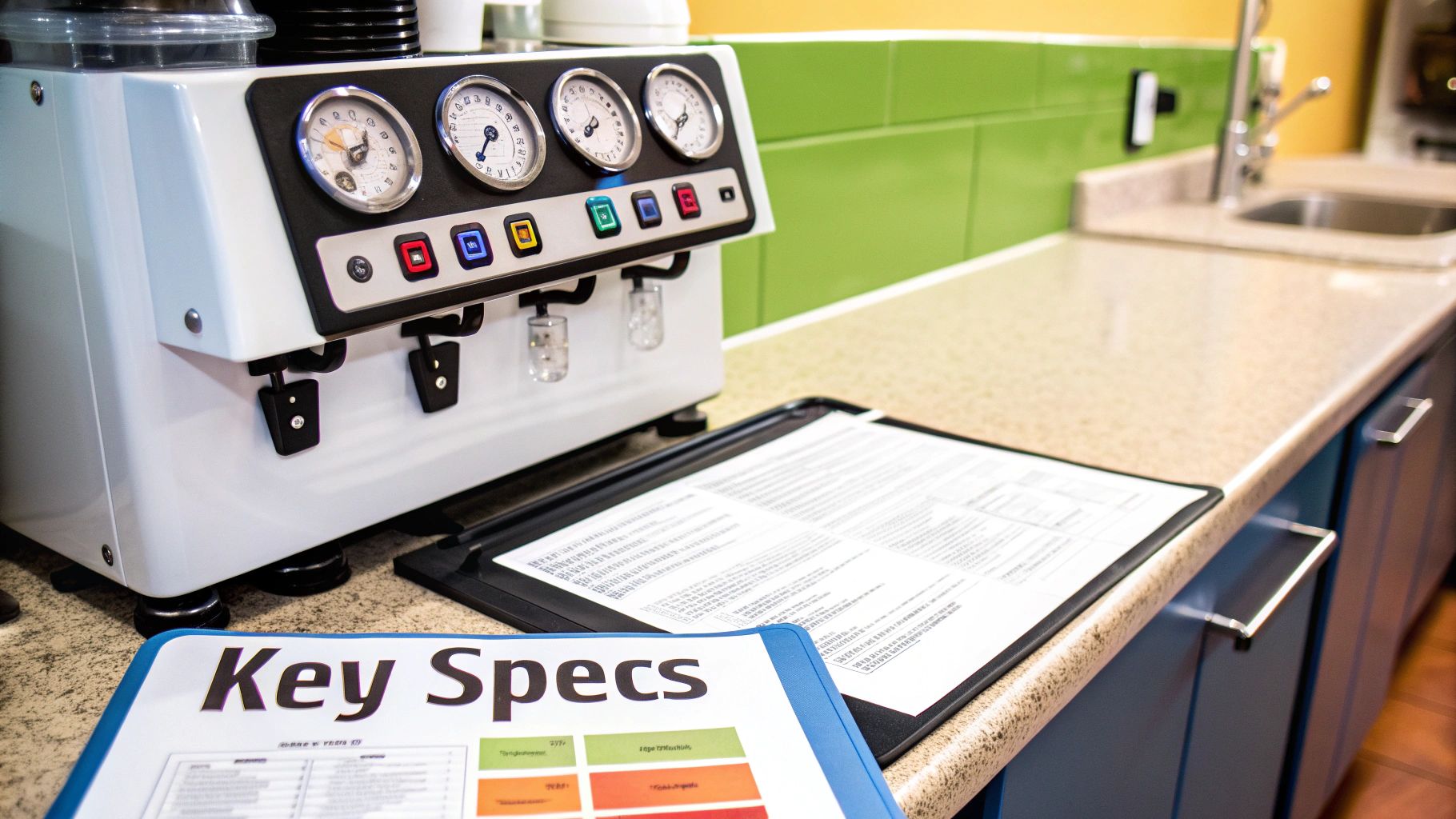 A white commercial espresso machine with gauges and colored buttons on a counter next to product specifications.