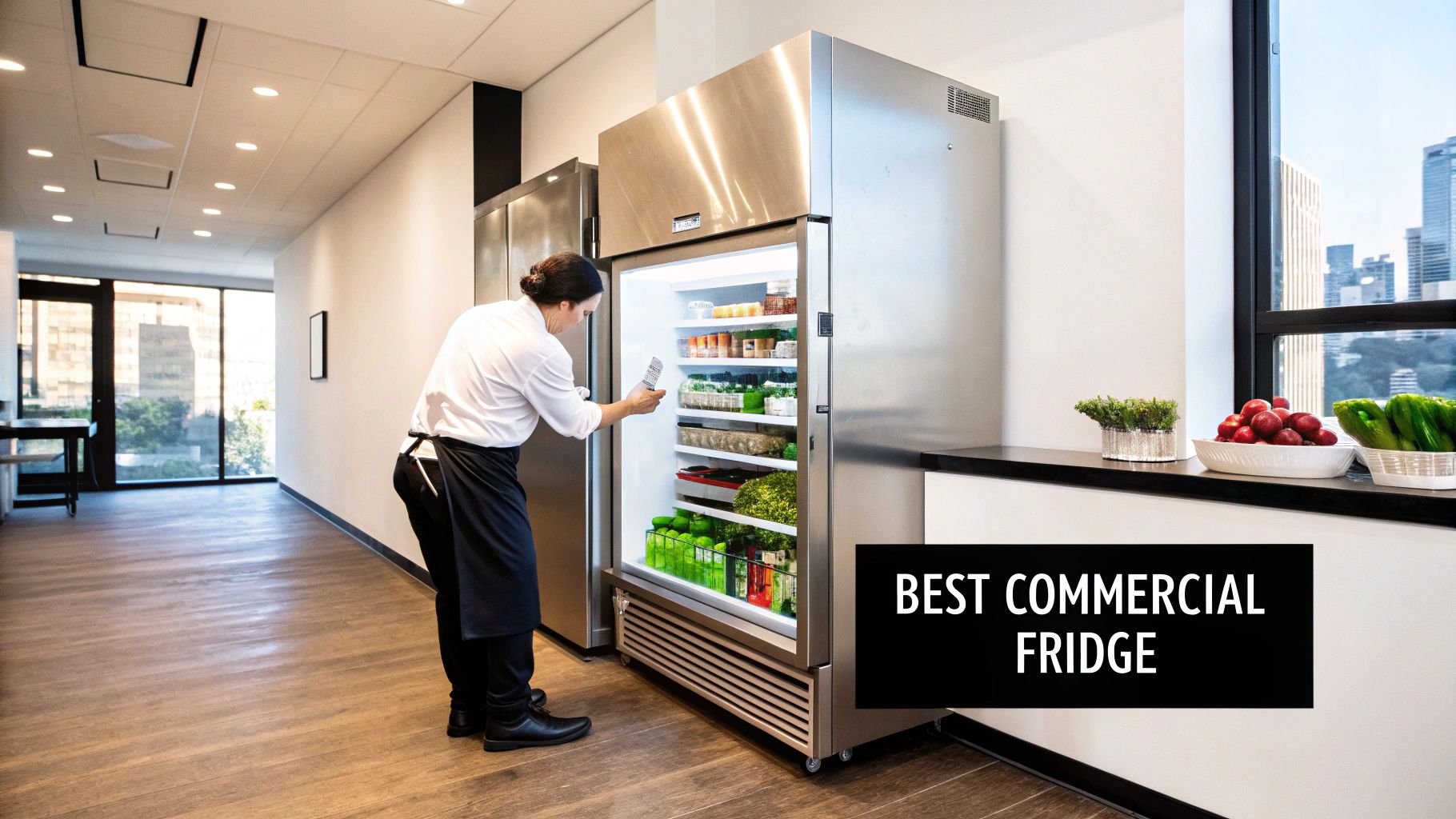 A person in a chef's apron organizes fresh produce and food items in a commercial refrigerator.