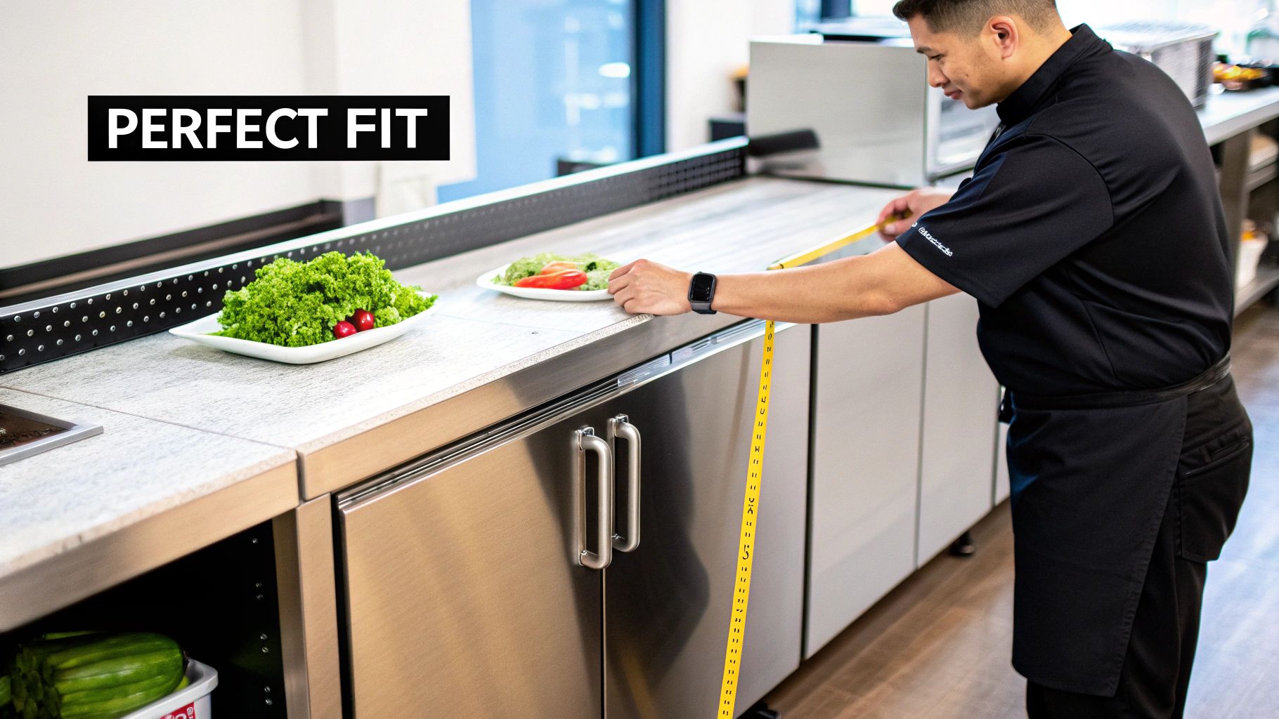 A chef measures a modern kitchen counter above an under-cabinet fridge, ensuring a perfect fit.