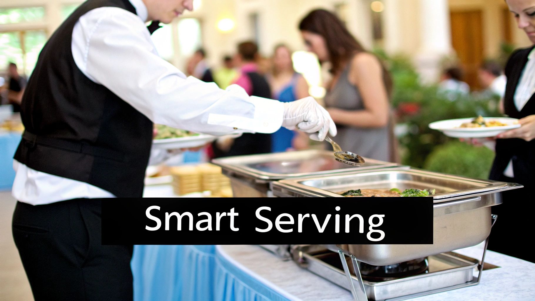 A gloved server serves food from a chafing dish at a buffet during a catered event.