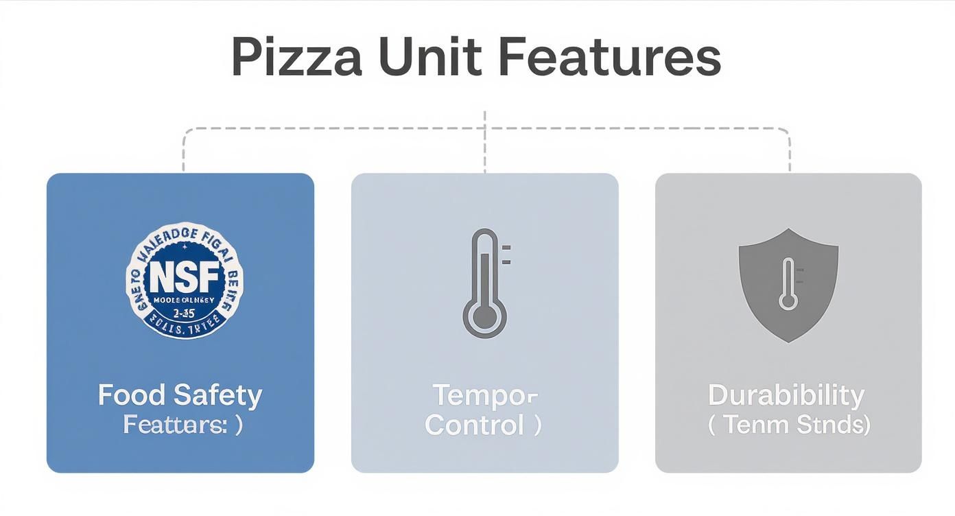 An infographic decision tree showing three key features for pizza prep refrigeration units: food safety with an NSF seal icon, temperature control with a thermometer icon, and durability with a shield icon.