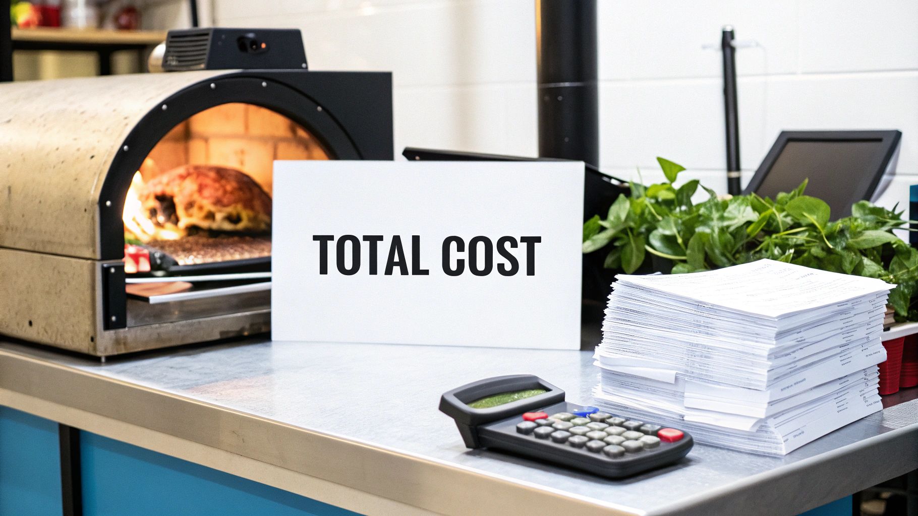 A commercial kitchen scene with a pizza oven, a 'TOTAL COST' sign, calculator, and stacked papers.