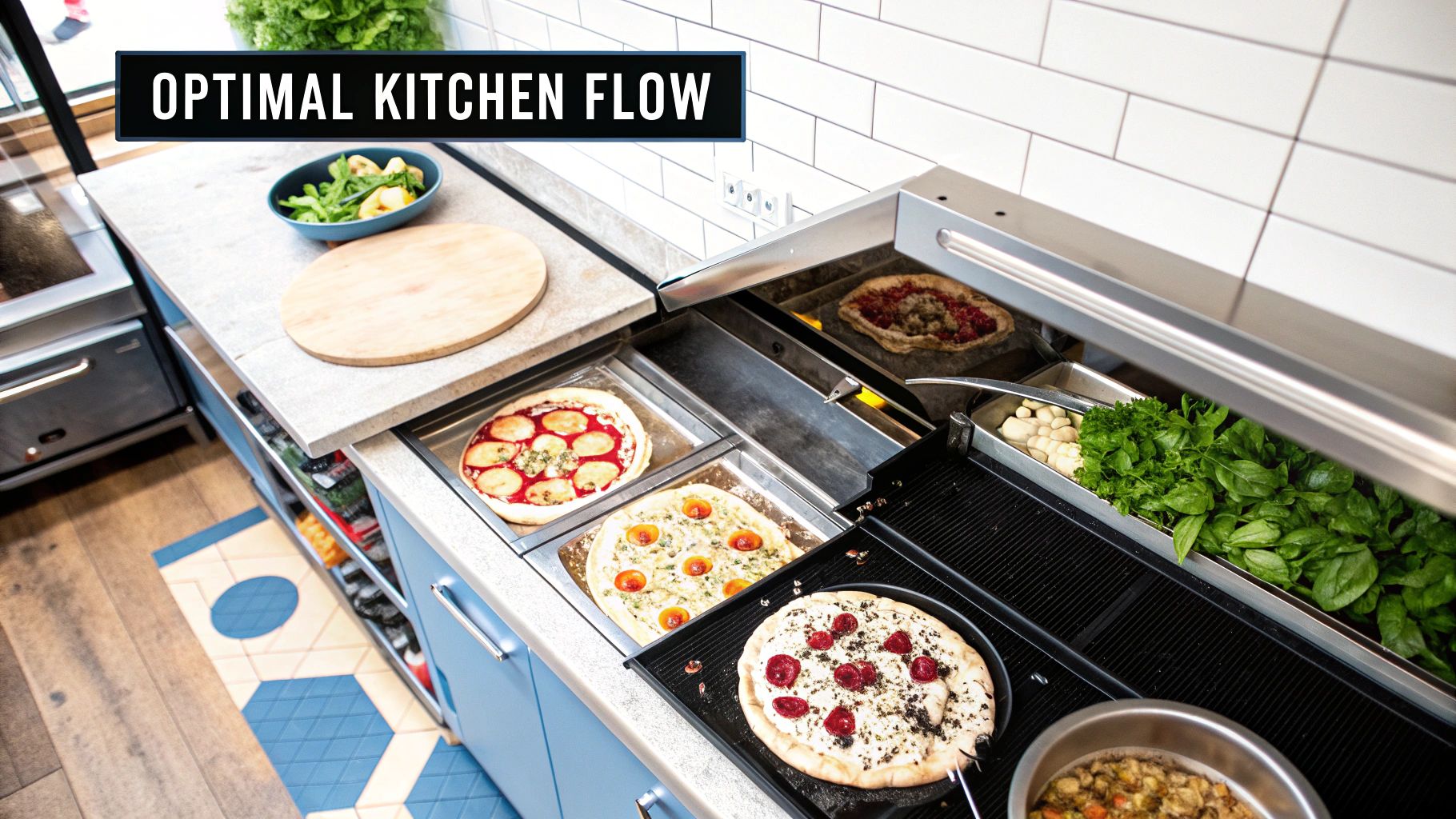 A chef works efficiently in a well-organized pizzeria kitchen, with a glass door refrigerator strategically placed near the pizza prep table.