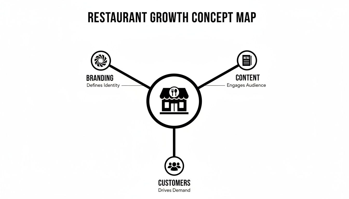 A restaurant growth concept map illustrating key pillars: branding, content, and customers driving demand.