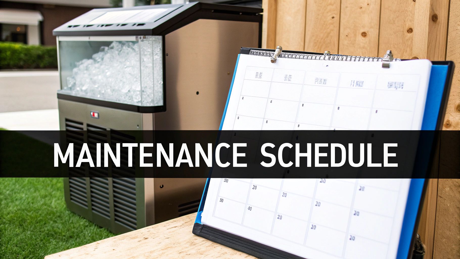 An industrial ice maker filled with ice, next to a calendar displaying a maintenance schedule.