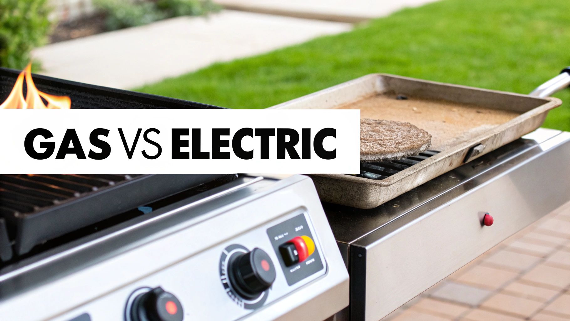 A gas grill with flames and a griddle cooking a burger, with text 'GAS VS ELECTRIC' on a white banner.