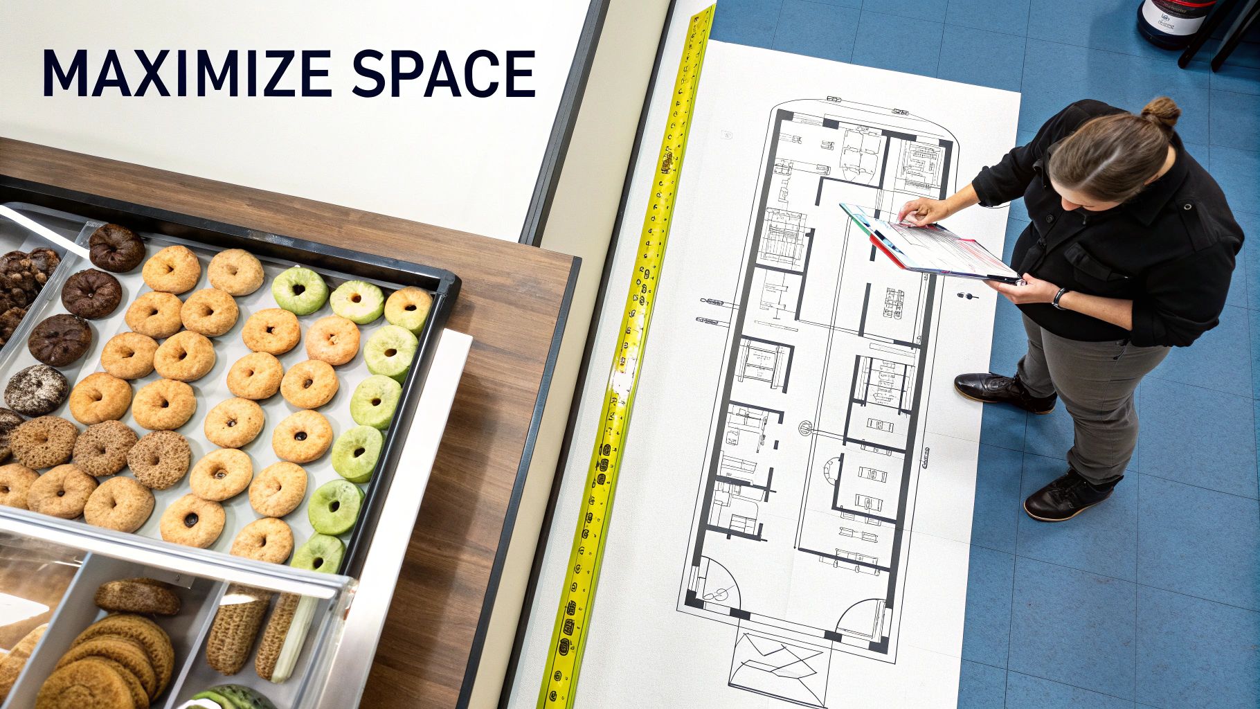 An architect examines a large floor plan, next to a display case of mini donuts and a long measuring tape.