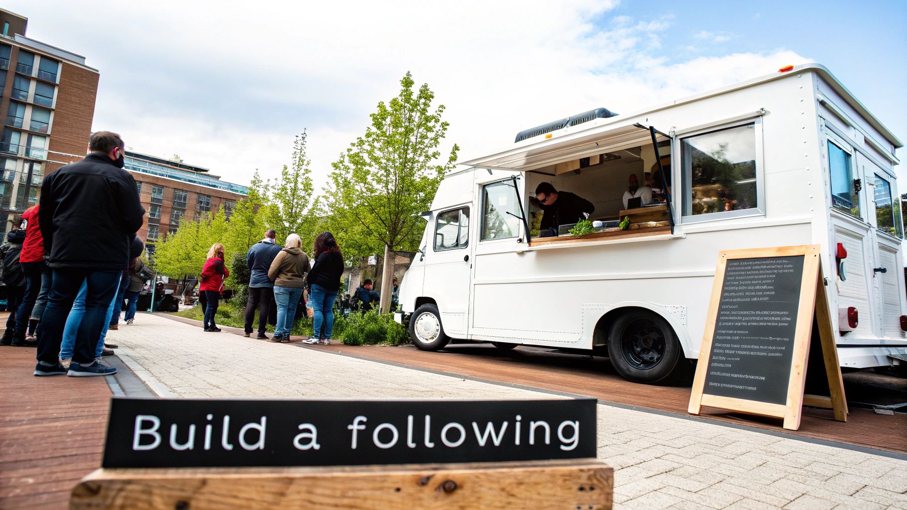 A smiling food truck owner hands a customer their order through the service window.
